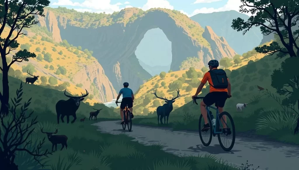 Image of cyclists riding through Hell's Gate National Park with wildlife in the background