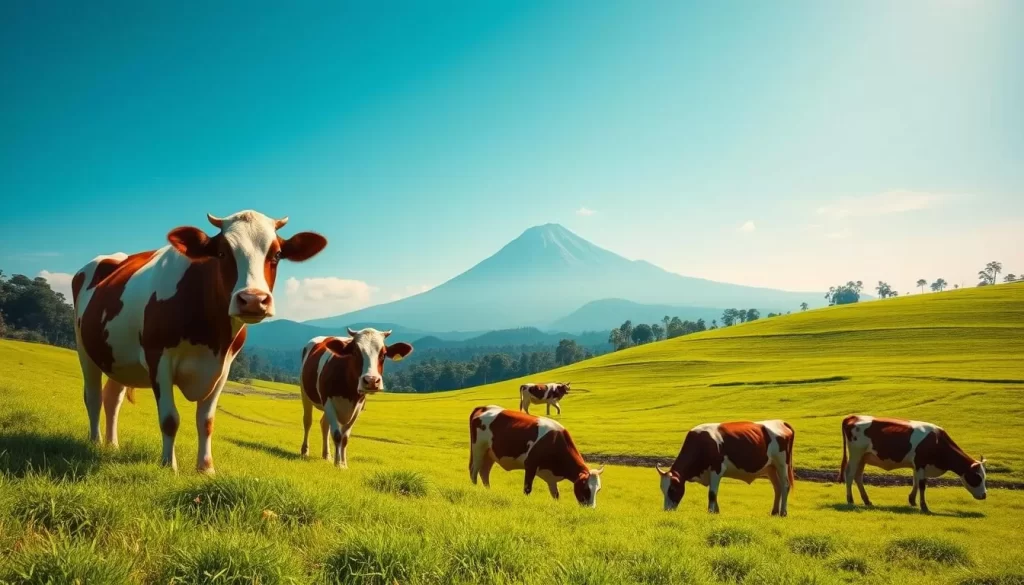 Image of dairy cows grazing on lush green pastures against the backdrop of Mount Kinabalu