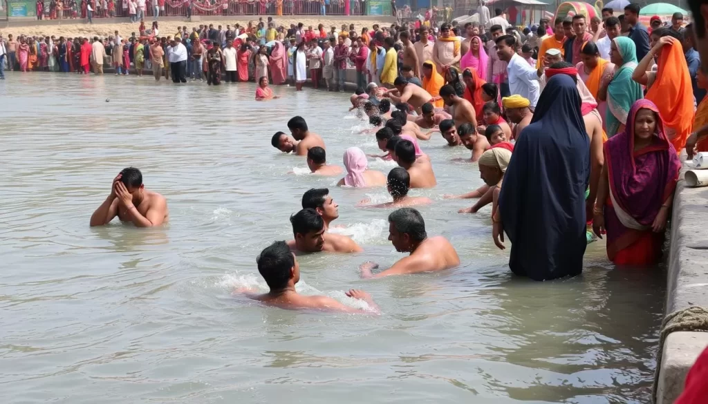 Image of devotees bathing in the holy river Saryu during Uttarayani Mela in Bageshwar