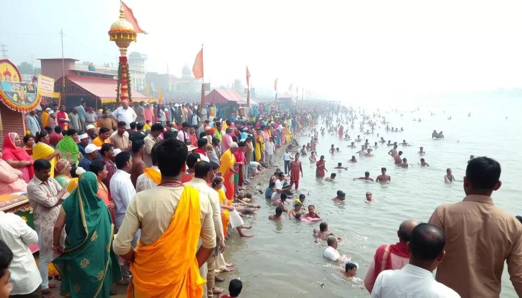 Image of devotees gathering at the banks of River Ganga in Haridwar during Kanwar Yatra