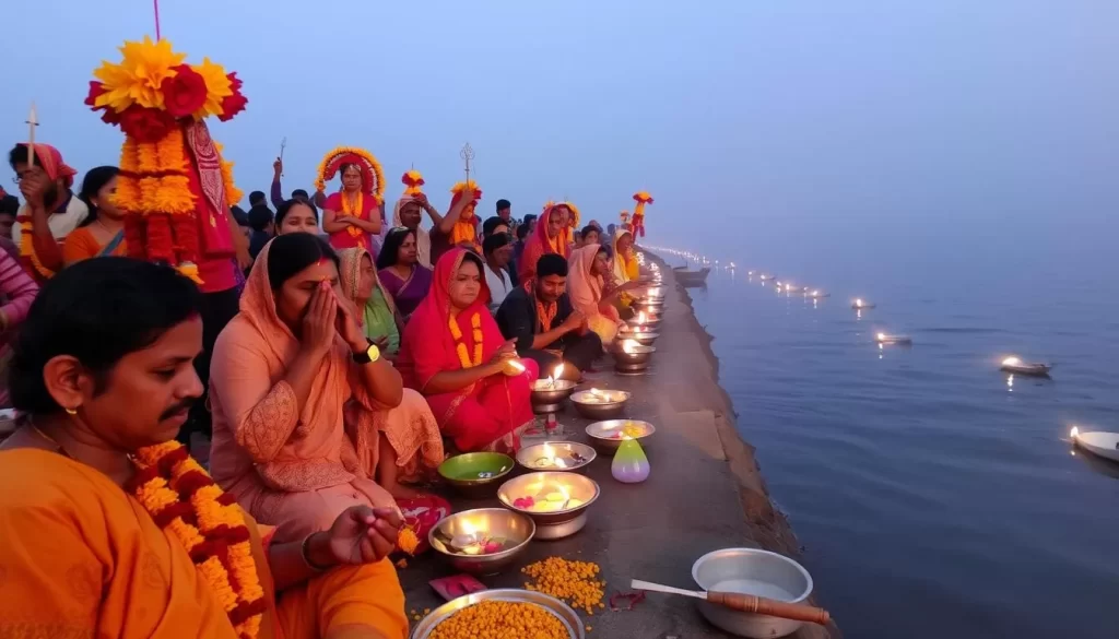Image of devotees performing Chhath Puja at a riverbank in Jharkhand