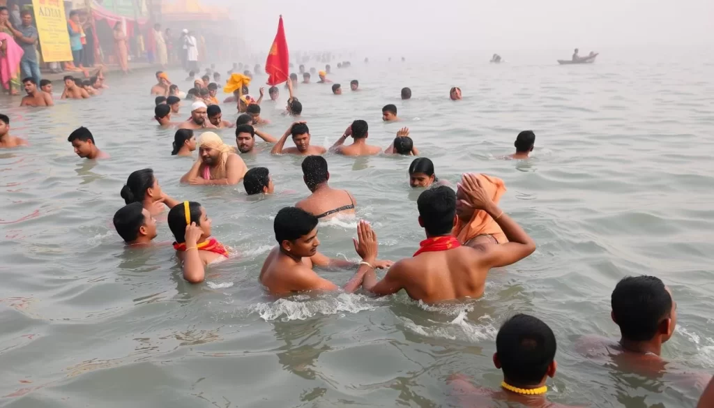 Image of devotees taking a dip in the Ganges River during Ganga Dussehra in Haridwar