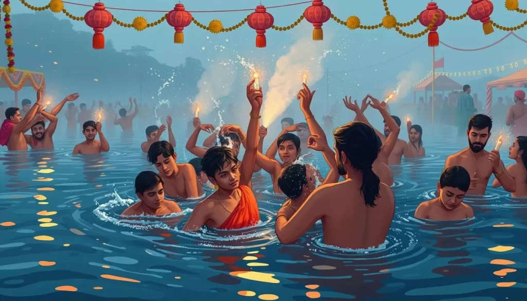 Image of devotees taking a sacred dip in the river during Uttarayan Sankranti in Tripura