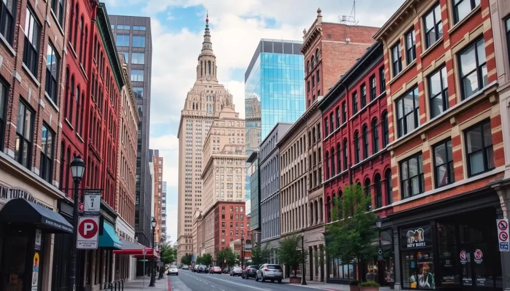 Image of downtown Huntington with a mix of old and new buildings