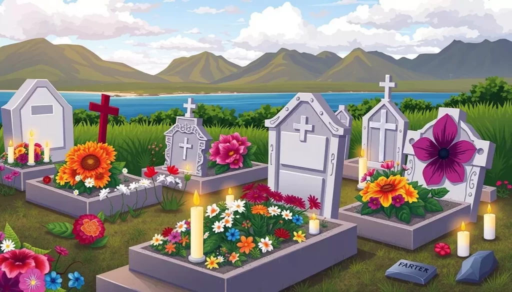 Image of graves decorated with flowers and candles in the Cook Islands