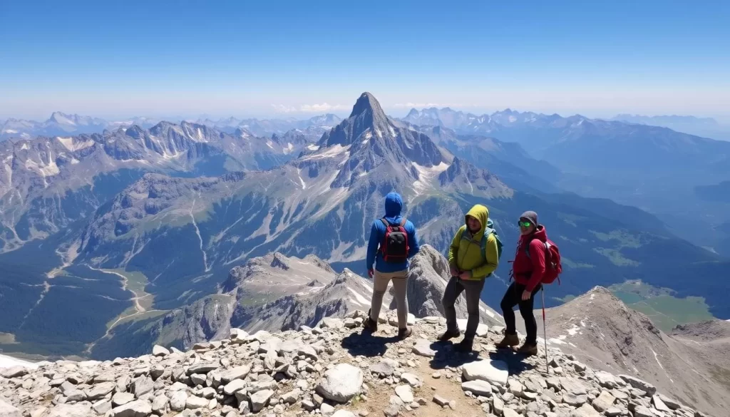 Image of hikers on the Hochtor Mountain summit with panoramic views
