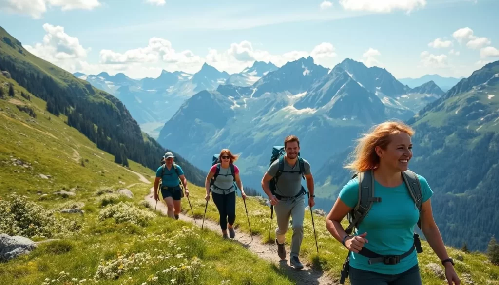 Image of hikers on the Princes' Way trail in Liechtenstein, enjoying the Alpine views.