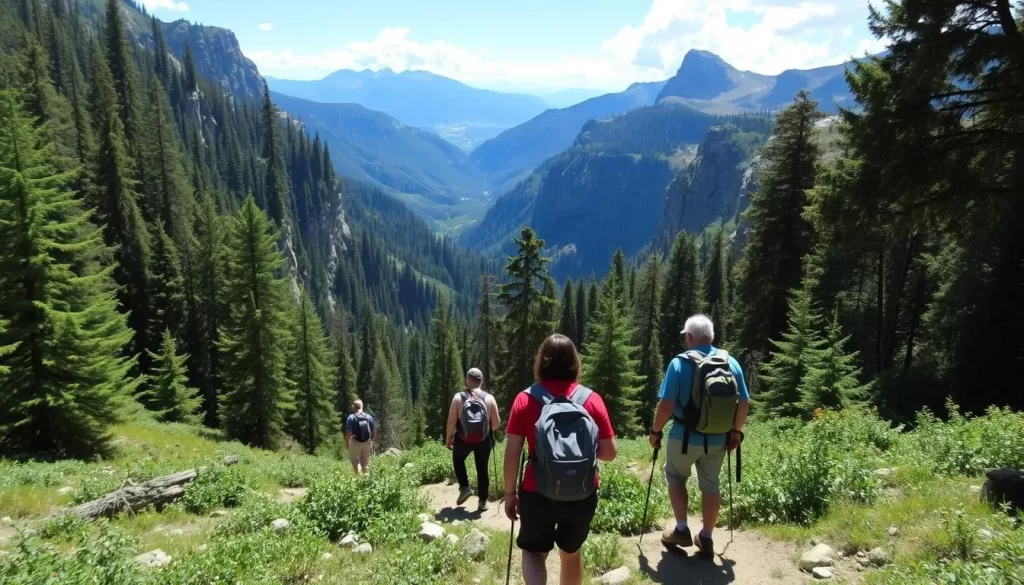 Image of hikers on the Timpooneke Trail approaching Scout Falls