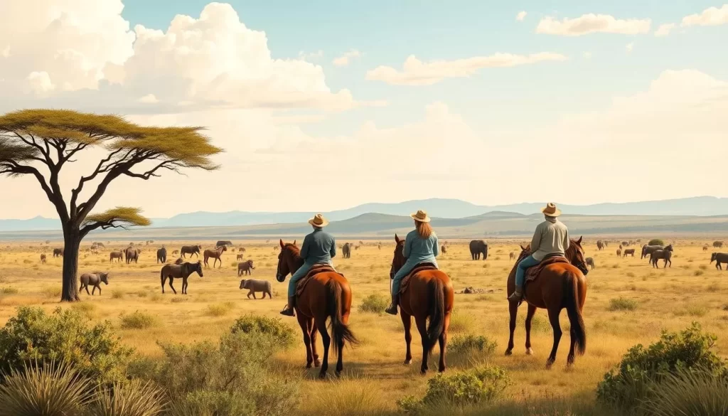 Image of horseback safari in Laikipia, Kenya, with riders on horseback observing wildlife
