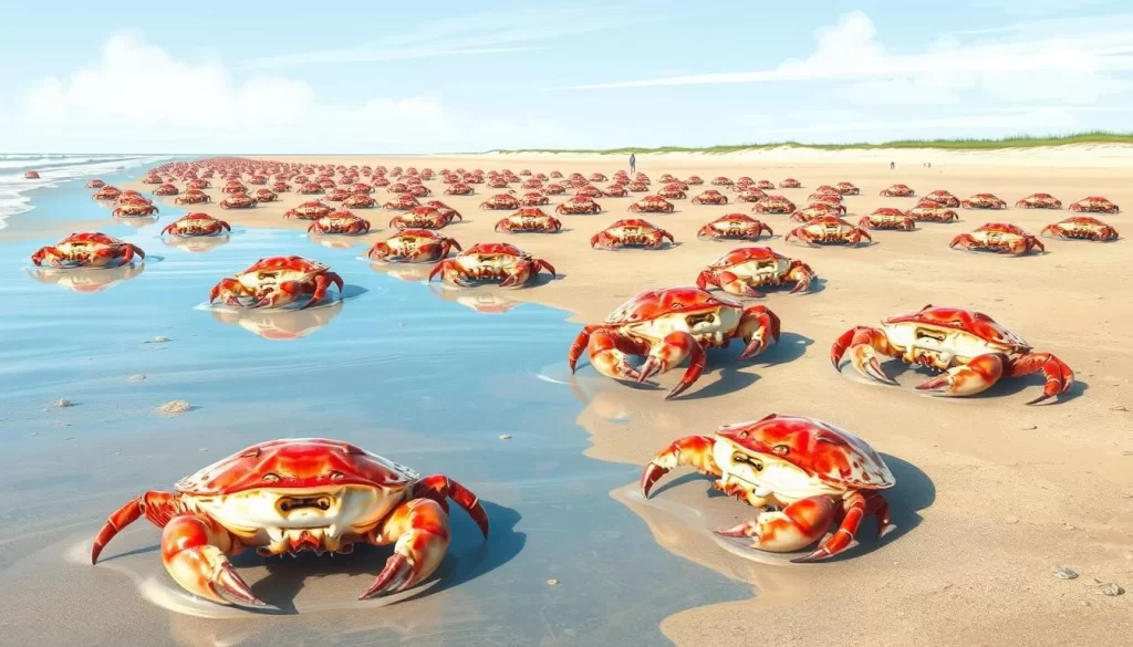 Image of horseshoe crabs spawning on Kitts Hummock Beach during late spring