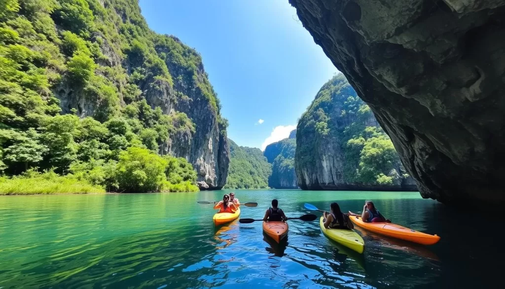 Image of kayakers navigating through the Lod Cave in Phang Nga Bay