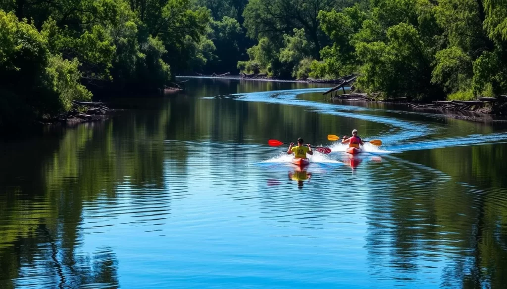 Image of kayakers paddling on the Bogue Falaya River