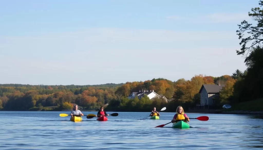 Image of kayakers paddling on the Pawtuxet River, with the Fiskeville landscape in the background.