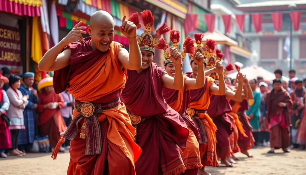 Image of monks performing Pangtoed Chaam, a warrior dance during the Pang Lhabsol festival