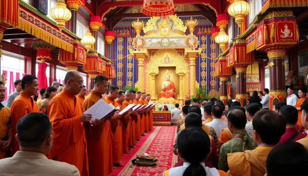Image of monks reciting the Vessantara Jataka during the Bun Pha Vet festival in a Laotian temple.