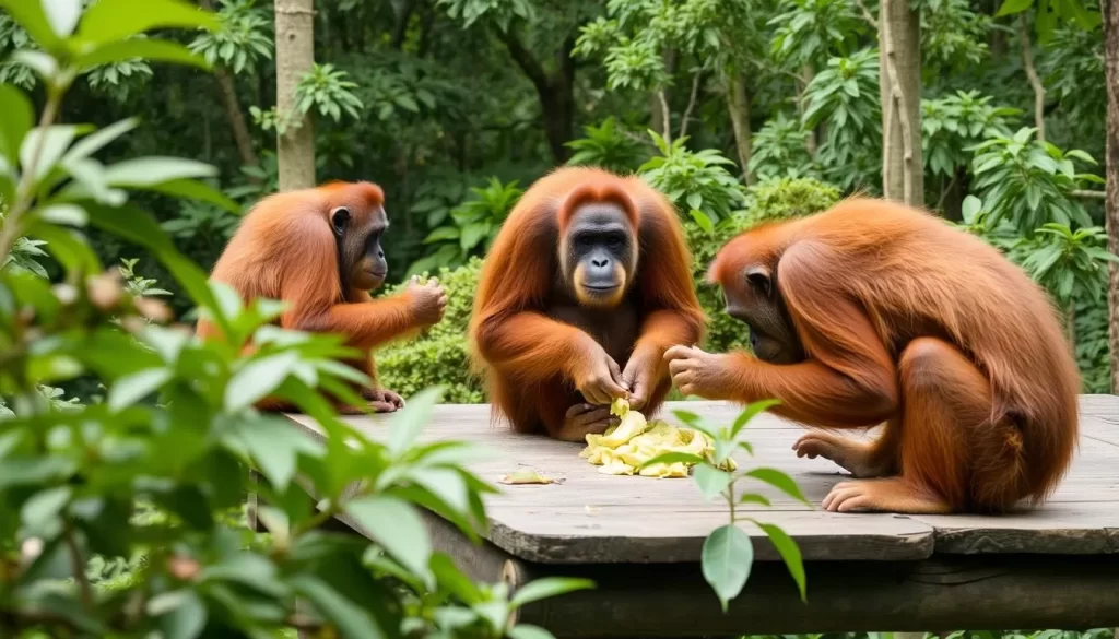 Image of orangutans at the feeding platform in Sepilok Orangutan Rehabilitation Centre