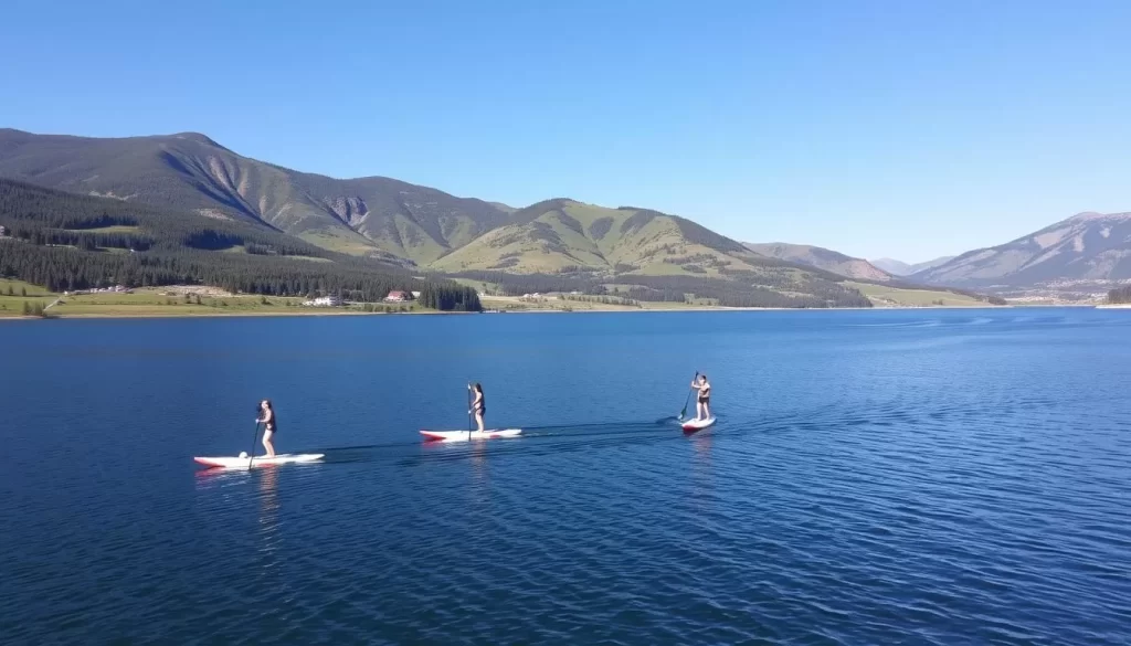 Image of paddleboarders gliding across a calm reservoir near Park City.