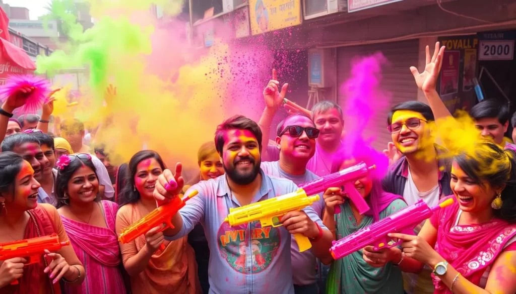Image of people celebrating Holi in Delhi with colored powders and water guns