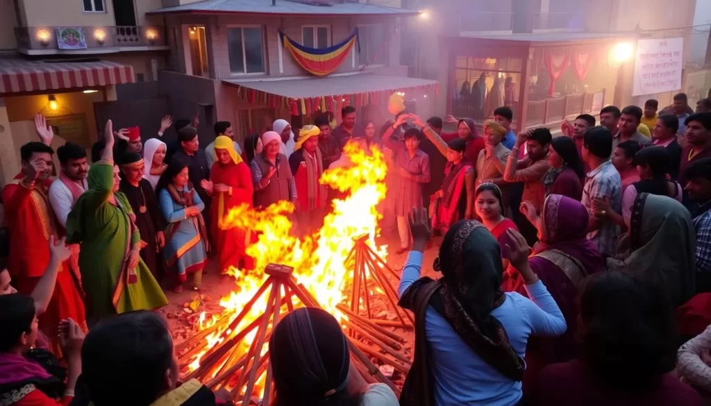 Image of people celebrating Lohri in Himachal Pradesh with bonfires and traditional dances