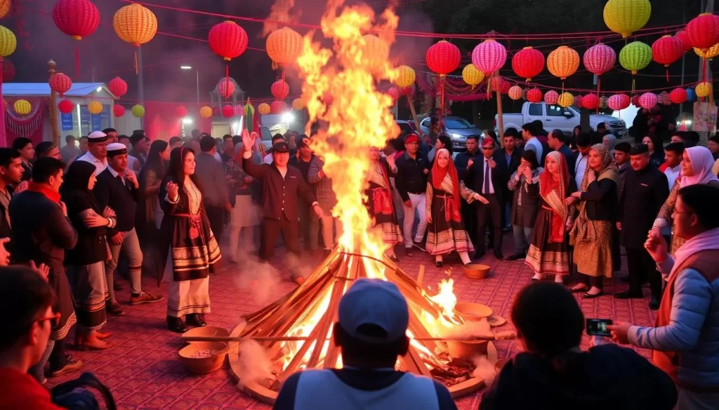 Image of people celebrating Novruz Bayram with traditional dances and bonfires
