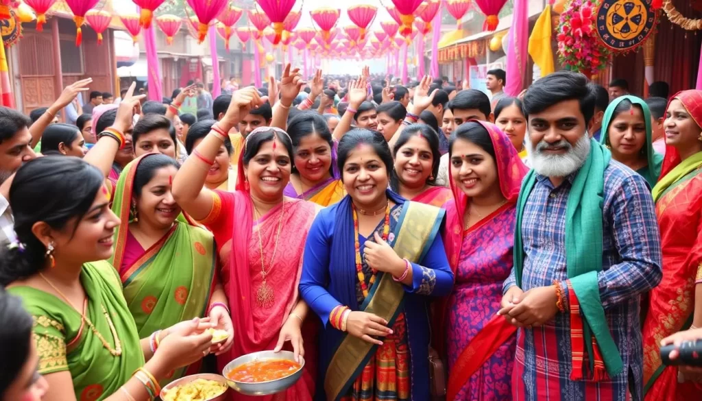 Image of people celebrating Pohela Boishakh with traditional attire and festivities