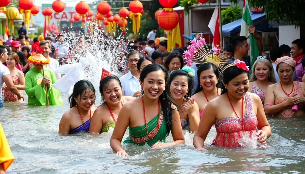 Image of people celebrating Sao Joao with water activities and traditional costumes