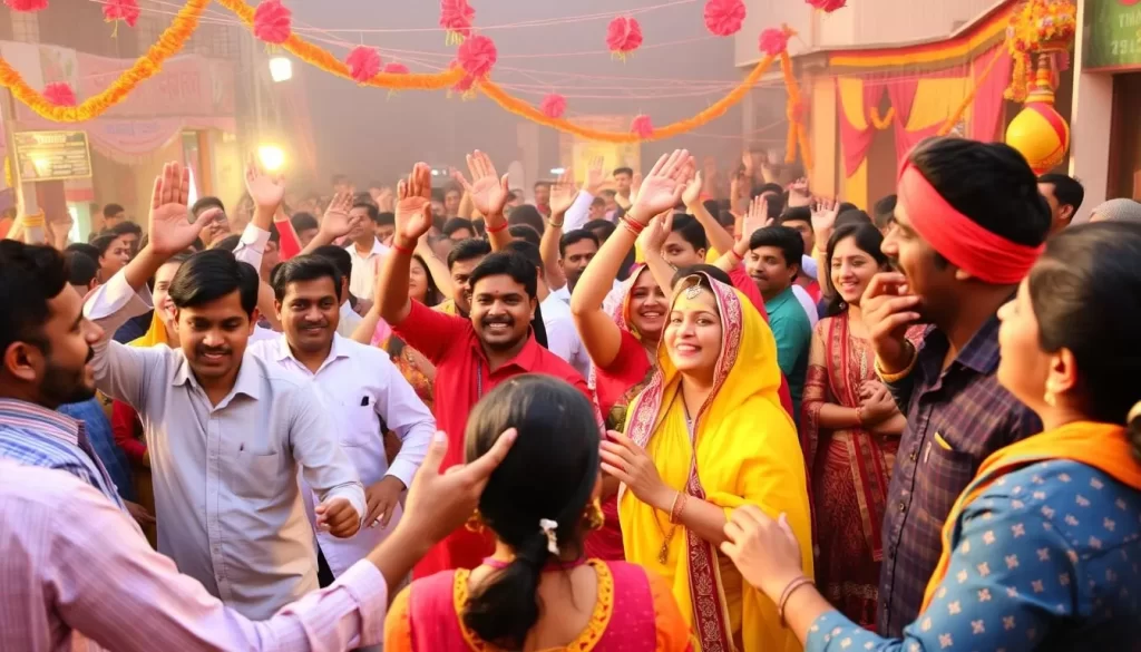 Image of people celebrating Sarhul festival in Jharkhand, dancing and singing traditional songs