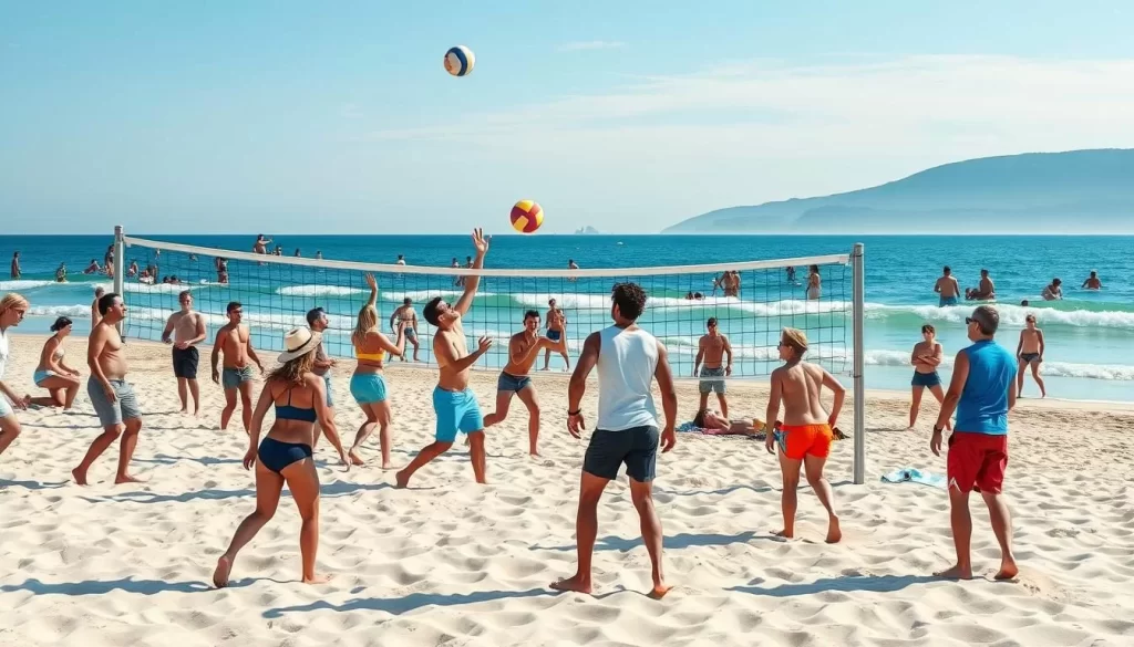 Image of people engaging in beach volleyball and other activities on Ostend's beach