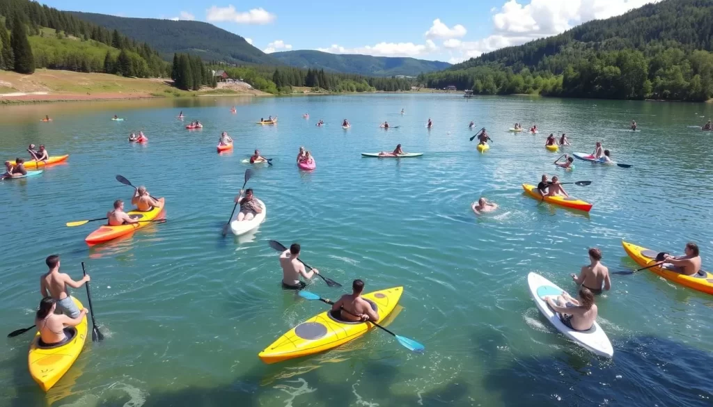 Image of people enjoying water activities on the Eau d'Heure Lakes
