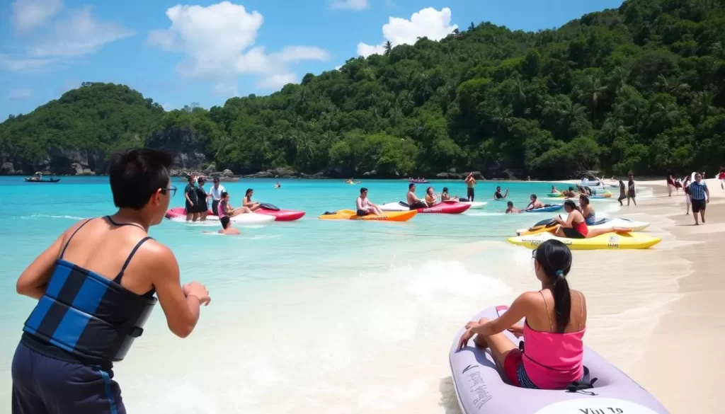 Image of people enjoying water sports on a beach in the Andaman Islands