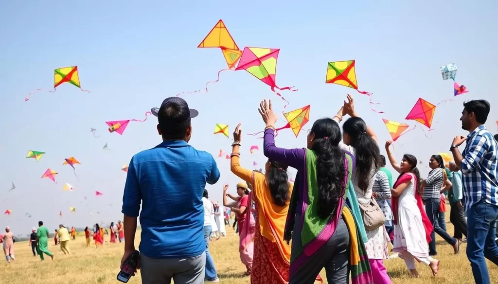 Image of people flying colorful kites in an open field during Makar Sankranti