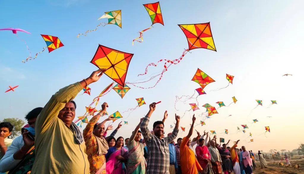 Image of people flying kites and celebrating Makar Sankranti in Bihar