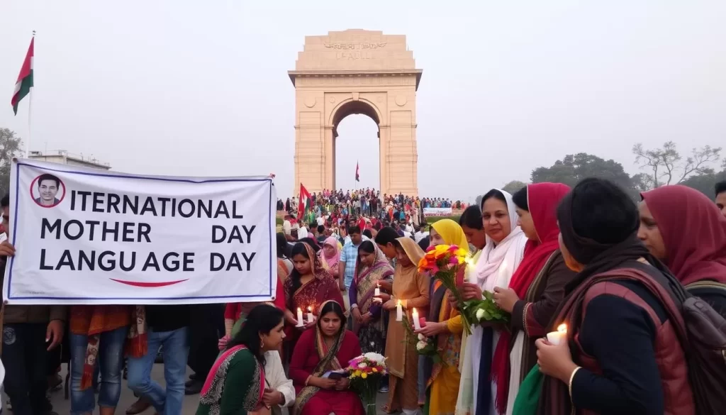 Image of people gathering at the Shaheed Minar monument to commemorate International Mother Language Day