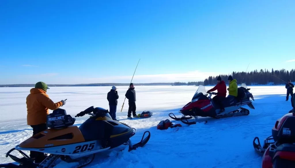 Image of people ice fishing or snowmobiling on Lake Minocqua during winter
