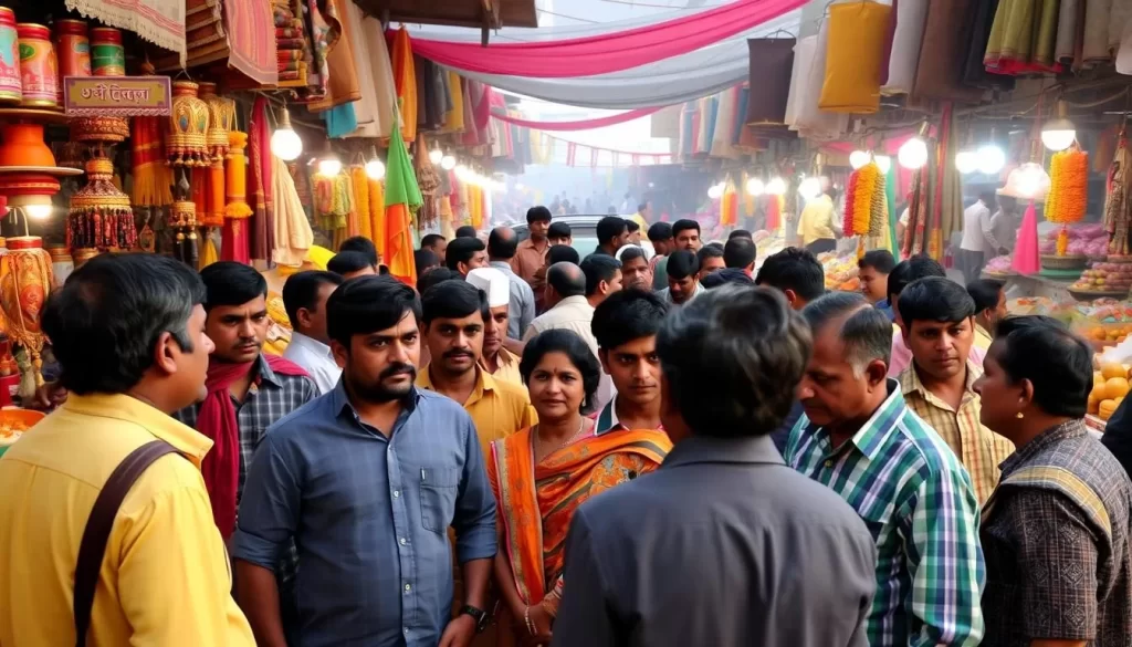 Image of people speaking Hindi in a market in Uttar Pradesh