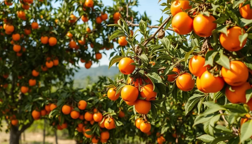 Image of persimmon trees with bright orange fruits in Balakan