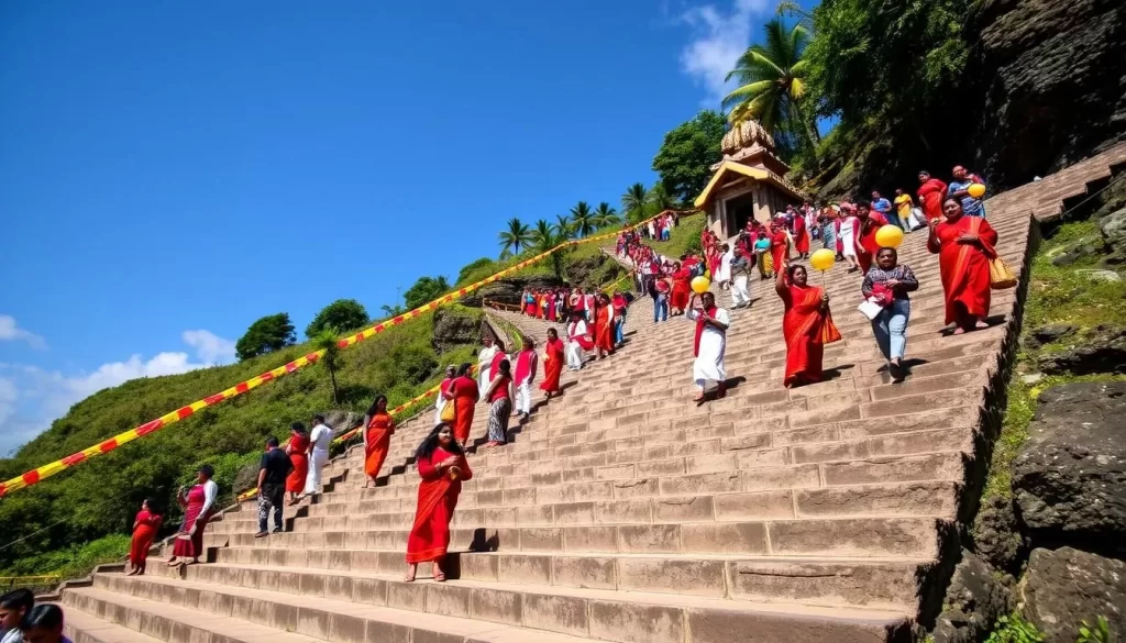 Image of pilgrims climbing the steps to Mihintale during Poson Poya Day