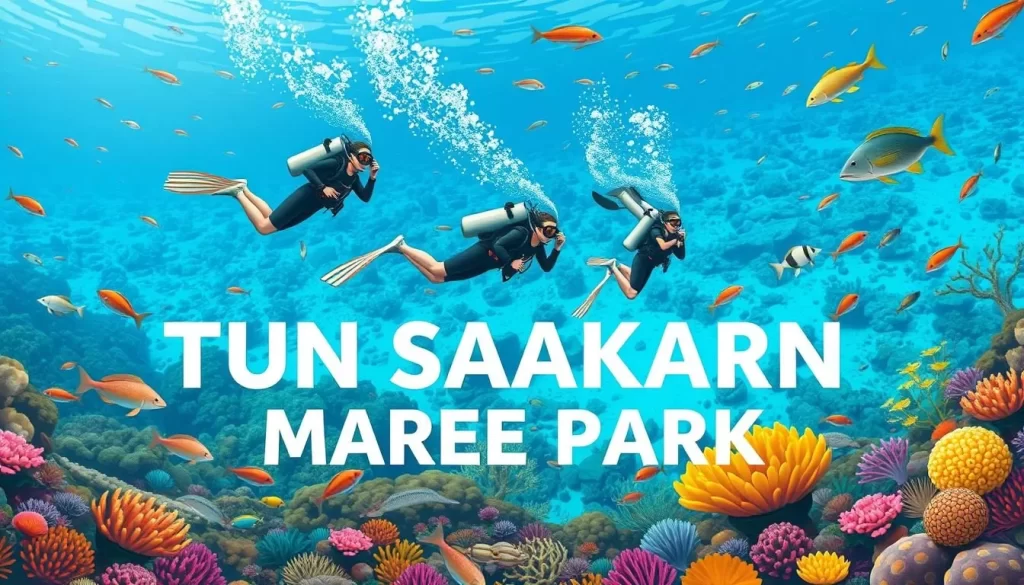 Image of scuba divers surrounded by marine life in Tun Sakaran Marine Park