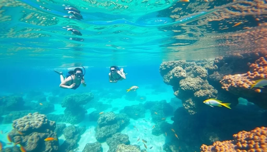 Image of snorkelers observing marine life in the crystal clear waters of Layang Layang Island