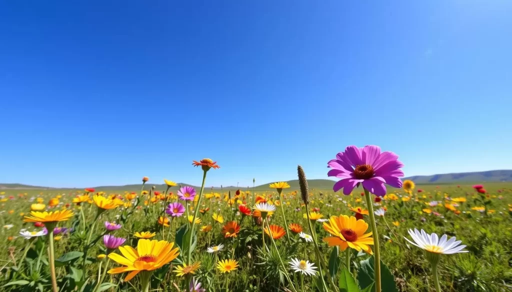 Image of spring landscape in Mongolia with blooming flowers and clear blue sky