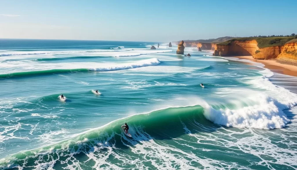 Image of surfers riding waves at Bells Beach