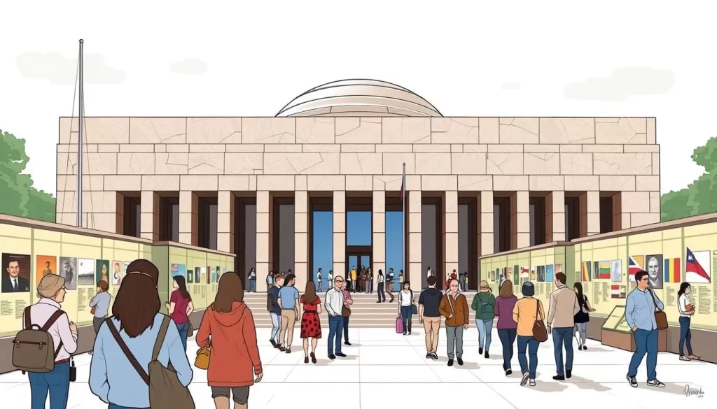 Image of the Australian War Memorial in Canberra, with visitors viewing exhibitions