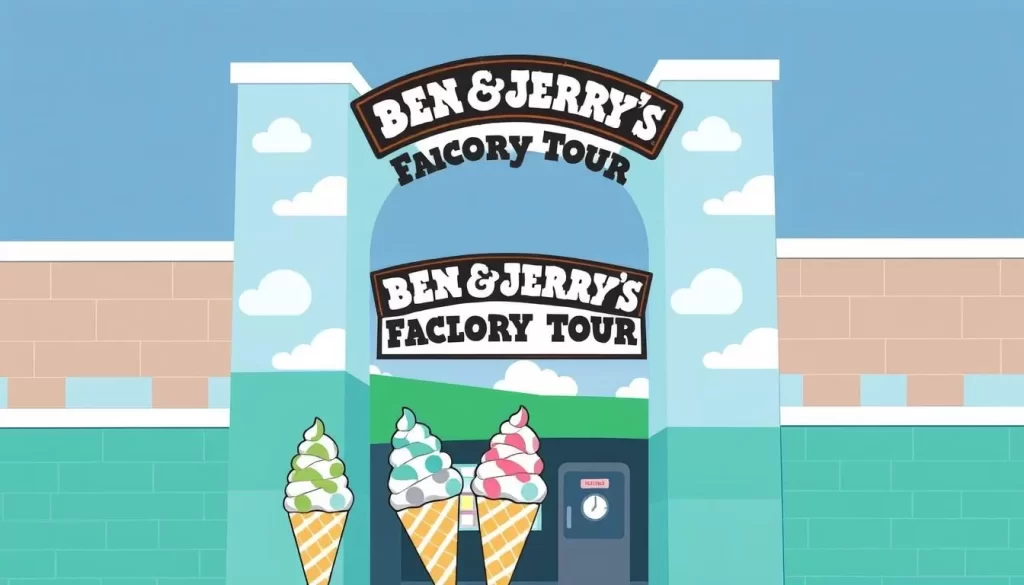 Image of the Ben & Jerry's Factory Tour entrance with a sign and ice cream cones