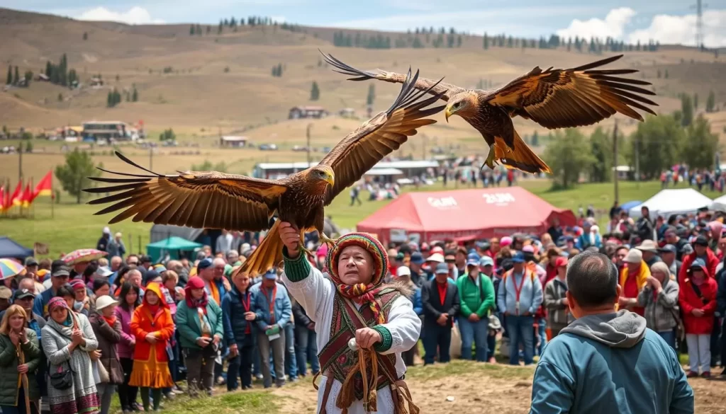 Image of the Bird of Prey Festival at Bokonbaev Village, with a berkutchi demonstrating eagle hunting skills