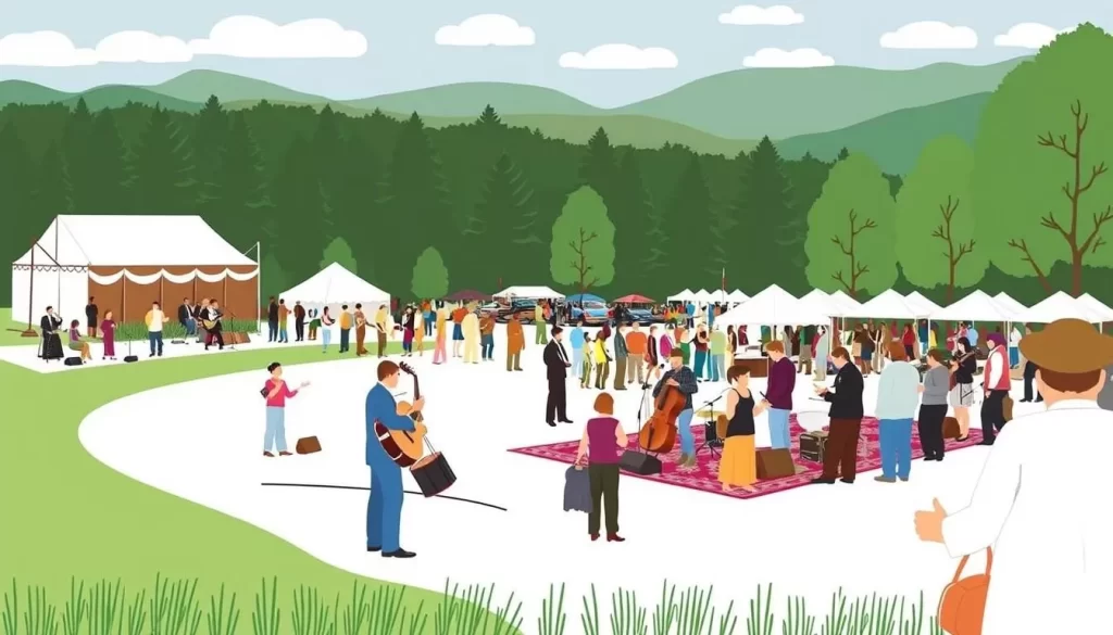 Image of the Blue Ridge Folklife Festival at Ferrum College, highlighting traditional music and crafts