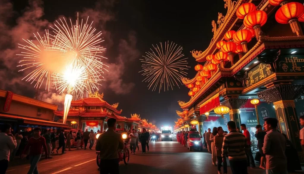 Image of the Bombing of Master Handan Festival procession with intense firecracker displays