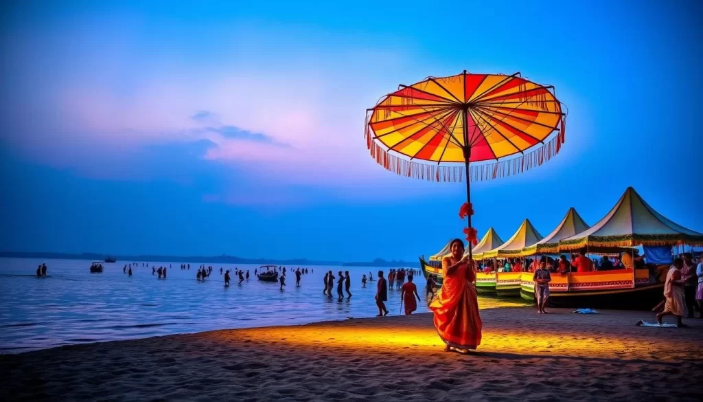 Image of the Brahmaputra Beach Festival in Guwahati, showcasing vibrant cultural performances and activities along the riverbank.