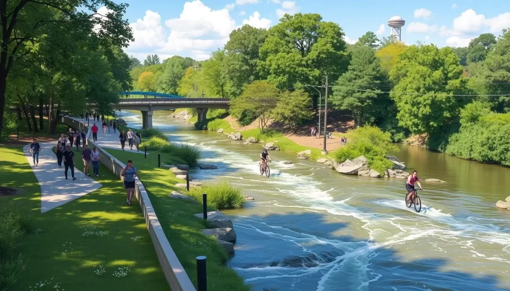 Image of the Chattahoochee RiverWalk with people walking, jogging, or cycling along the river