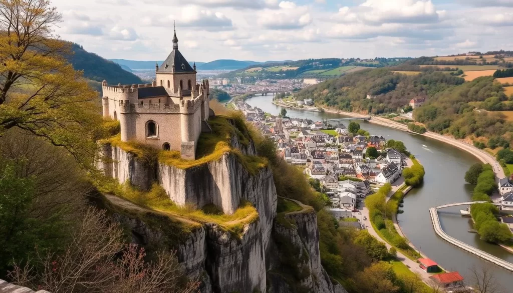 Image of the Citadel of Dinant perched on a cliff overlooking the town and the Meuse River