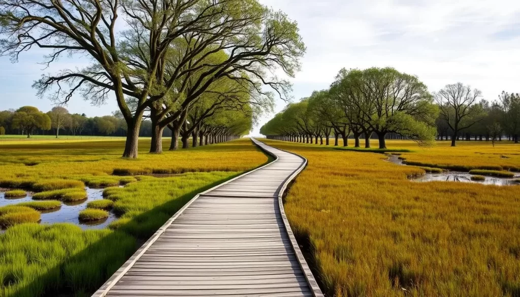 Image of the Domaine de Bérinzenne estate, featuring a boardwalk over peat bogs and an avenue of lime trees.